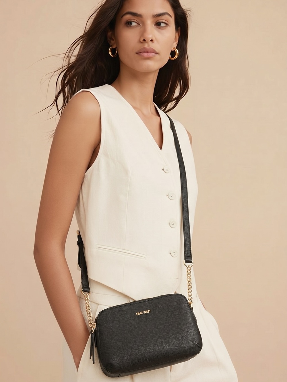 Nine West Black Pebbled Crossbody with Gold Chain Detail